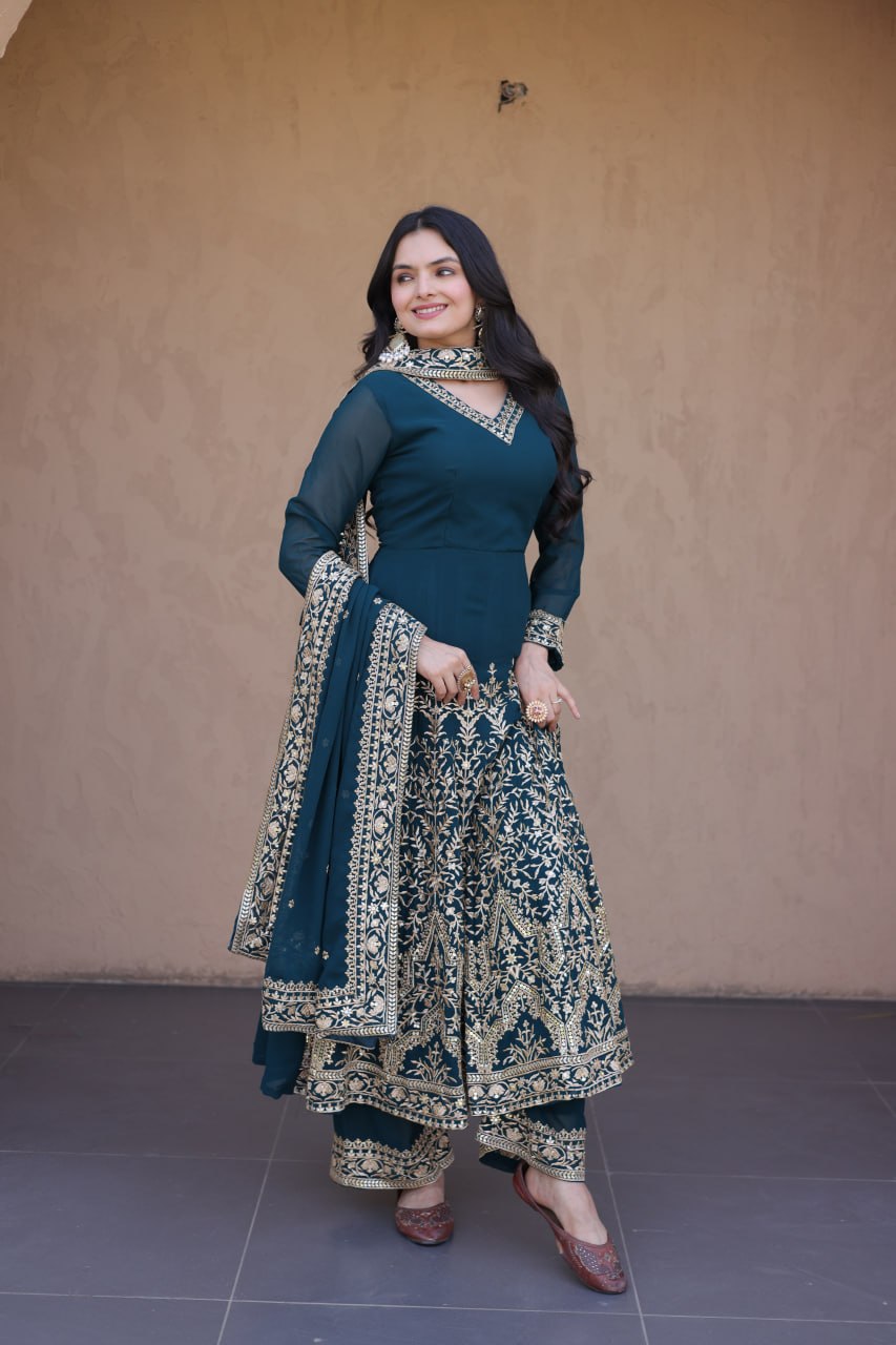 Teal Blue Embroidered Multi-Sequin Gown ClothsVilla