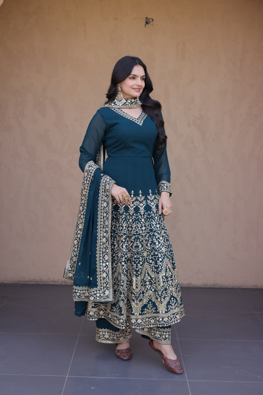 Teal Blue Embroidered Multi-Sequin Gown ClothsVilla