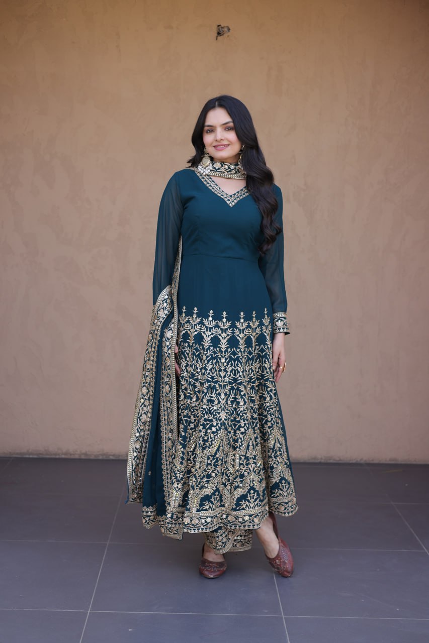 Teal Blue Embroidered Multi-Sequin Gown ClothsVilla