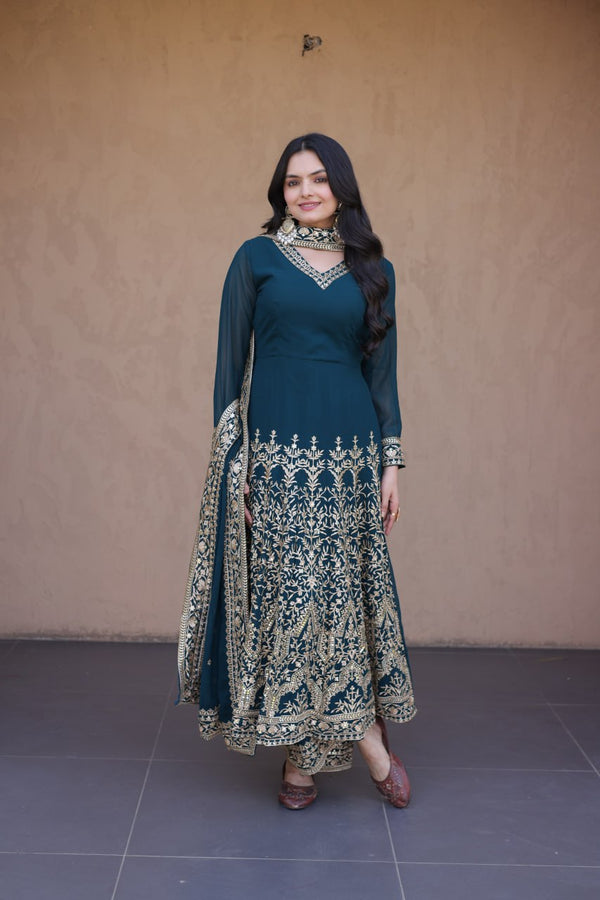 Teal Blue Embroidered Multi-Sequin Gown ClothsVilla