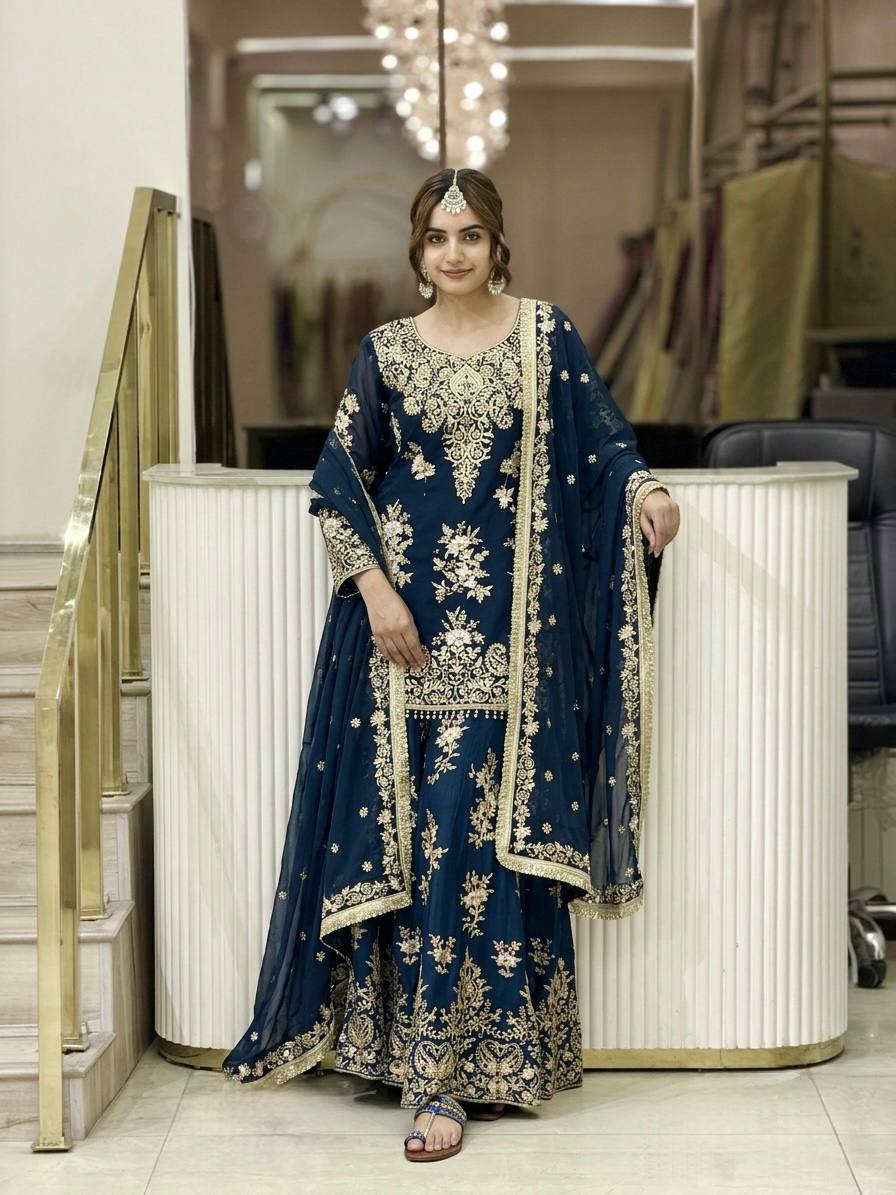 Teal Blue Embroidered Palazzo Suit Clothsvilla