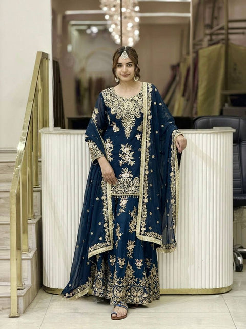Teal Blue Embroidered Palazzo Suit Clothsvilla Main image