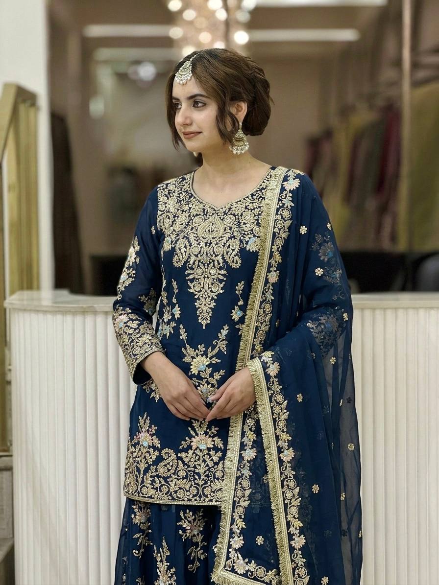 Teal Blue Embroidered Palazzo Suit Clothsvilla