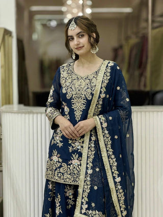 Teal Blue Embroidered Palazzo Suit Clothsvilla