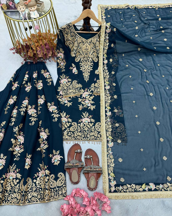 Teal Blue Embroidered Palazzo Suit Clothsvilla