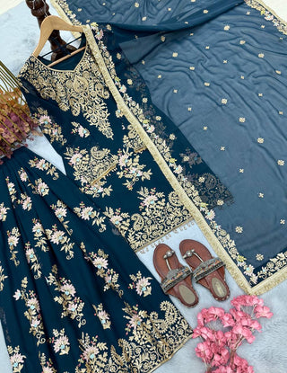 Teal Blue Embroidered Palazzo Suit Clothsvilla