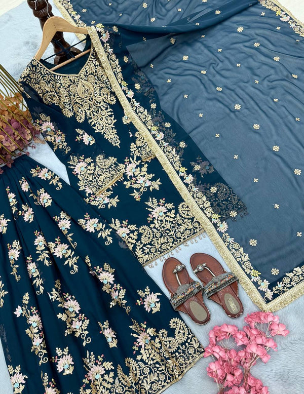 Teal Blue Embroidered Palazzo Suit Clothsvilla