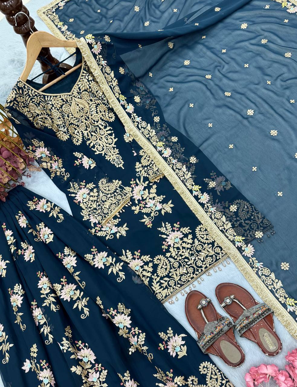 Teal Blue Embroidered Palazzo Suit Clothsvilla