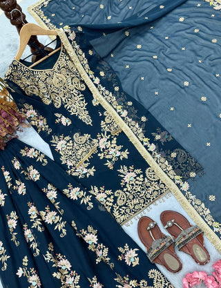 Teal Blue Embroidered Palazzo Suit Clothsvilla