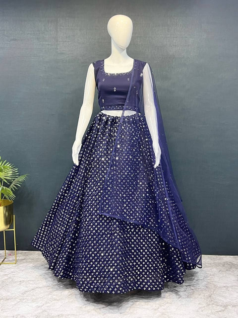 Teal Blue Exquisite Heavy Georgette Embroidered Lehenga Set with Sequins & Net Dupatta ClothsVilla Main image