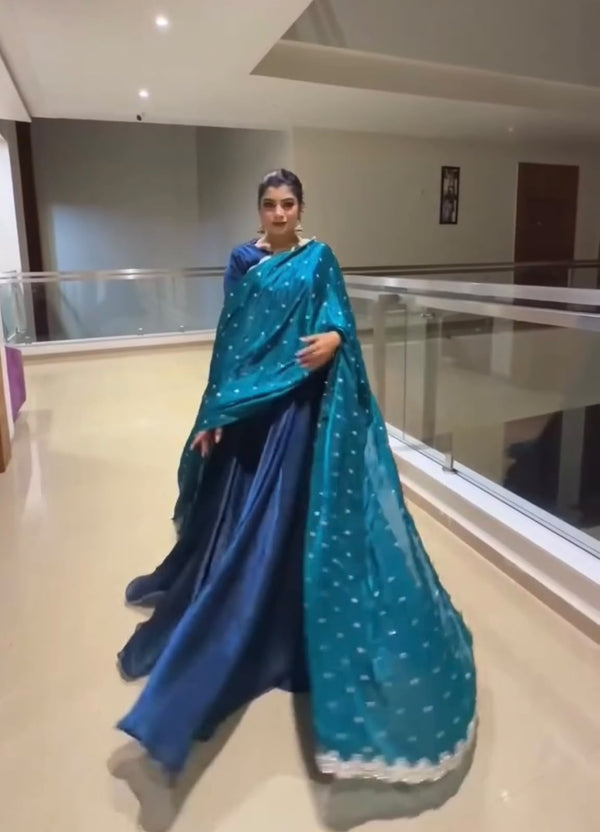 Teal Blue Fandy Crush Silk Gown ClothsVilla