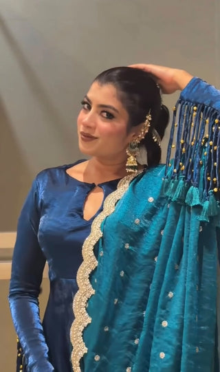 Teal Blue Fandy Crush Silk Gown ClothsVilla