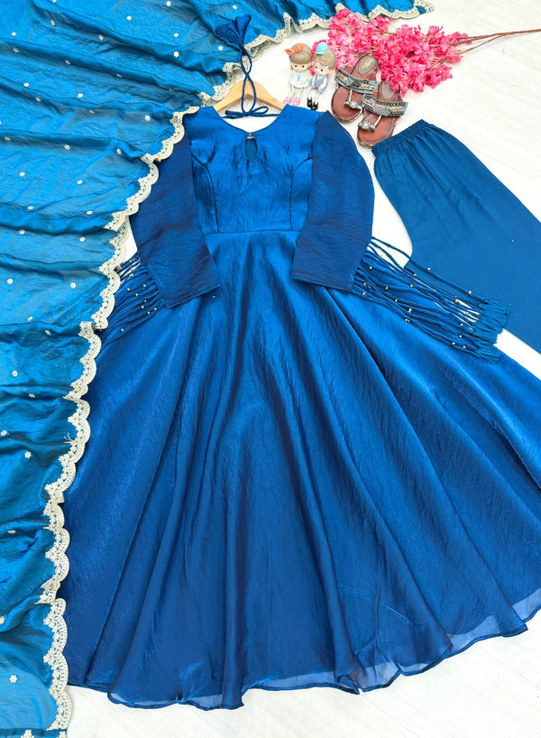 Teal Blue Fandy Crush Silk Gown ClothsVilla
