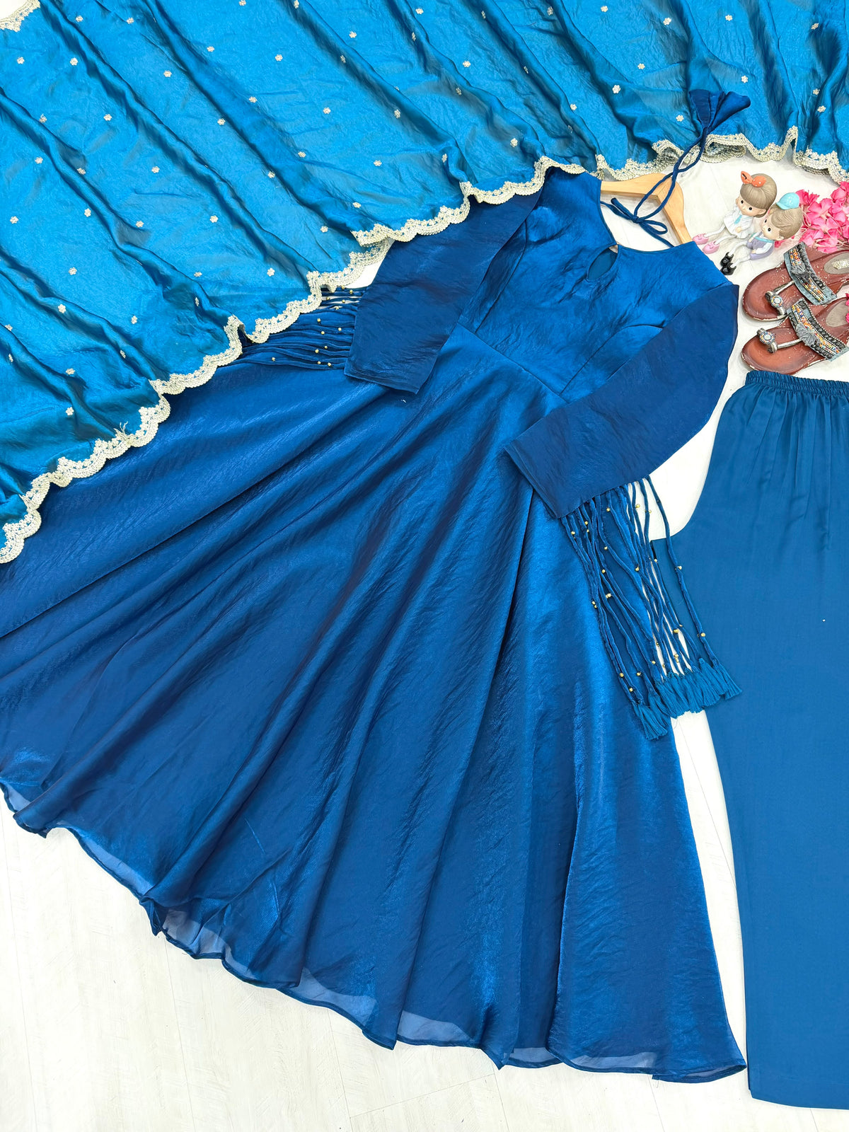 Teal Blue Fandy Crush Silk Gown ClothsVilla