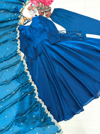 Teal Blue Fandy Crush Silk Gown ClothsVilla