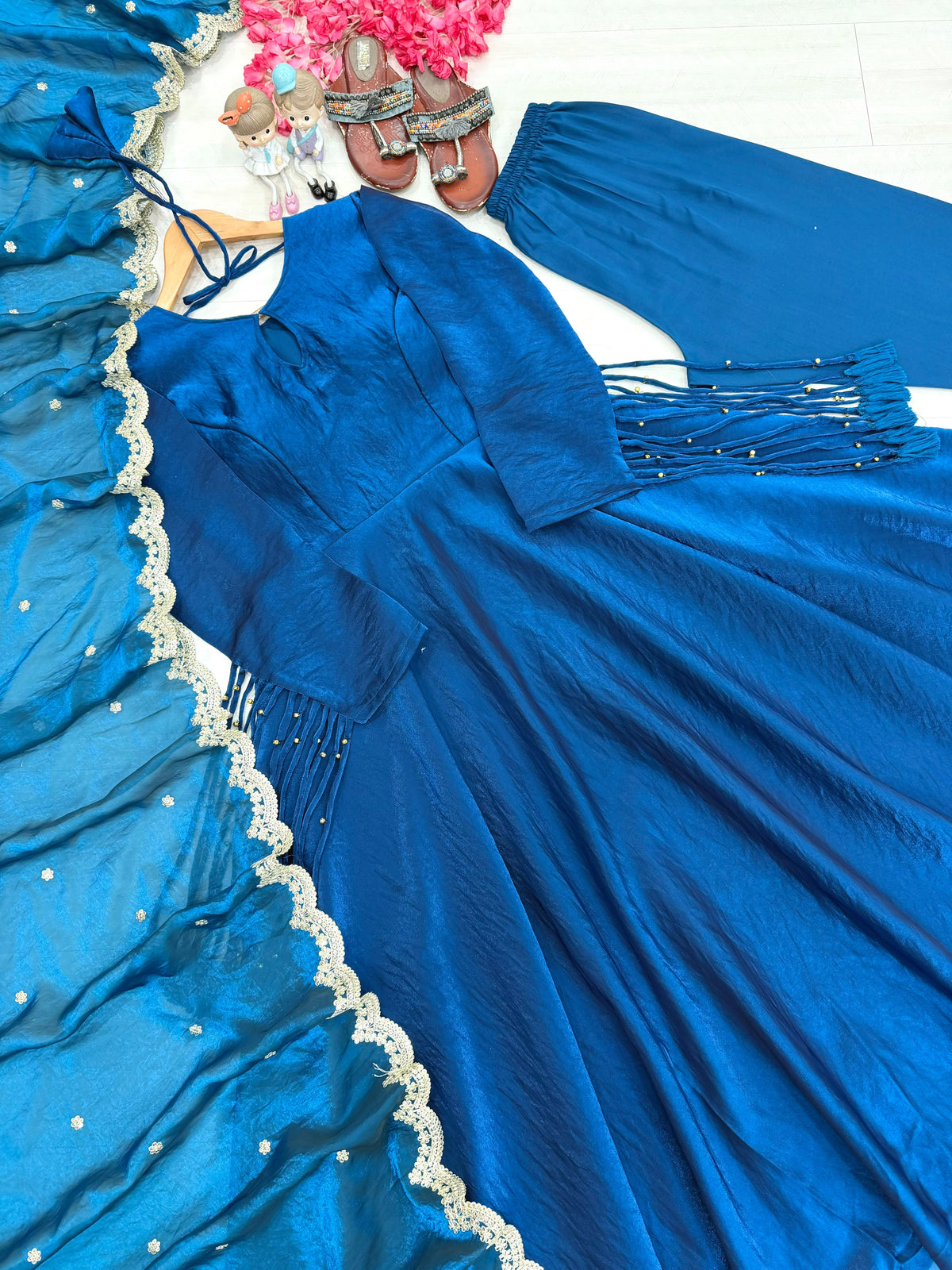 Teal Blue Fandy Crush Silk Gown ClothsVilla