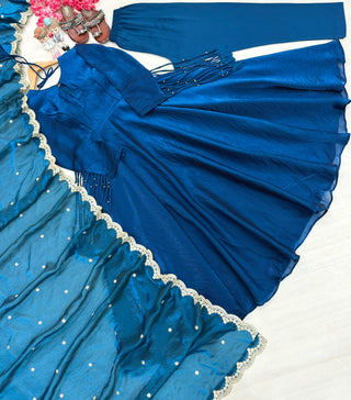 Teal Blue Fandy Crush Silk Gown ClothsVilla