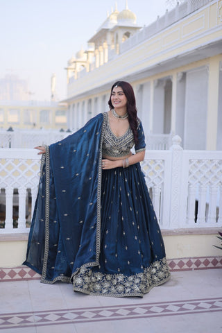 Teal Blue Fendy Silk Lehenga Set ClothsVilla