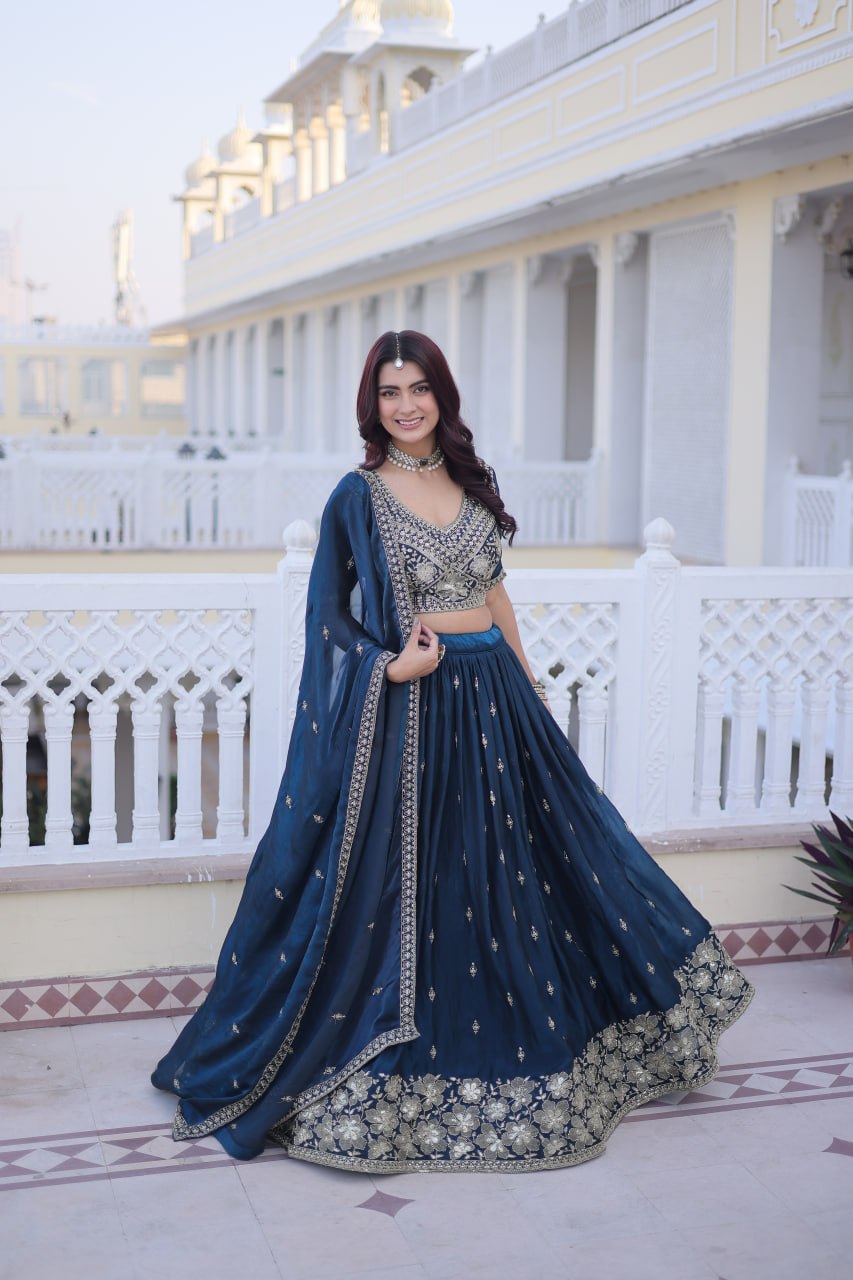 Teal Blue Fendy Silk Lehenga Set ClothsVilla