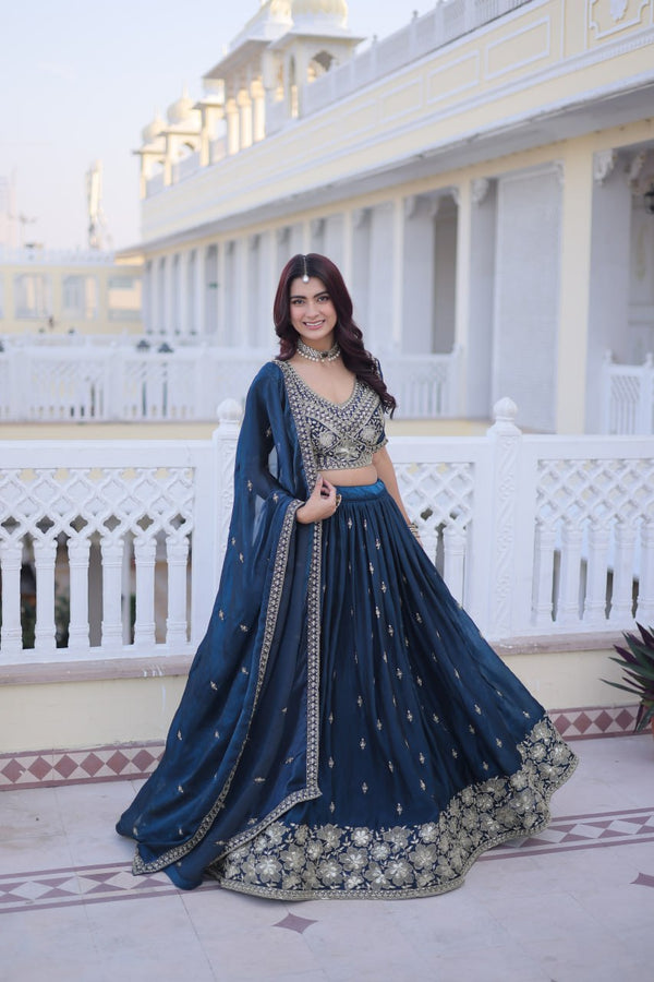 Teal Blue Fendy Silk Lehenga Set ClothsVilla