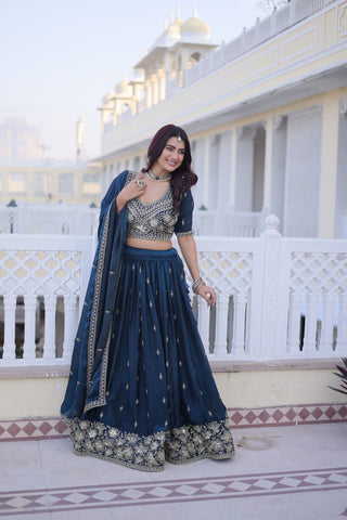 Teal Blue Fendy Silk Lehenga Set ClothsVilla