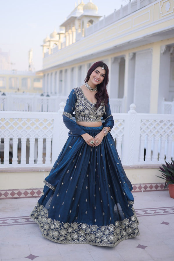 Teal Blue Fendy Silk Lehenga Set ClothsVilla