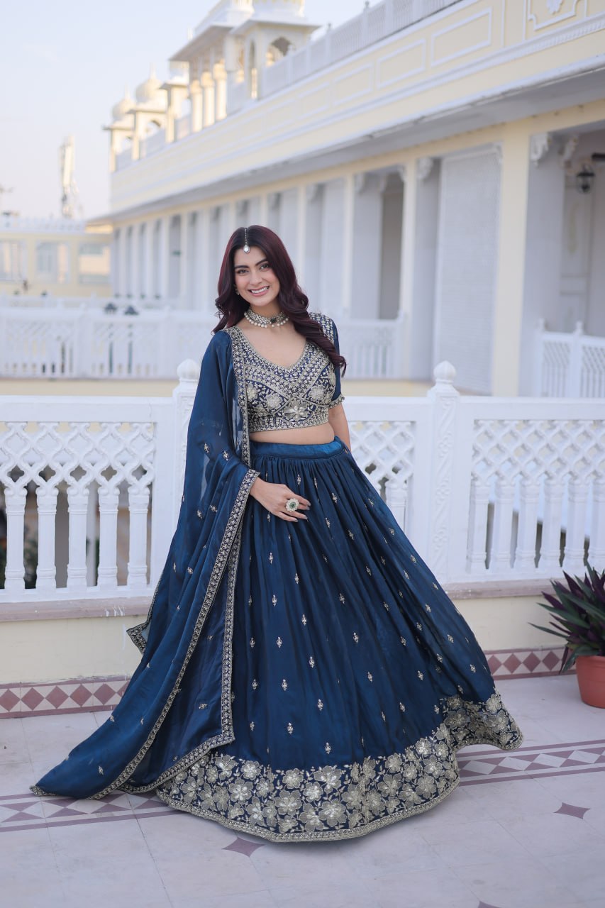 Teal Blue Fendy Silk Lehenga Set ClothsVilla