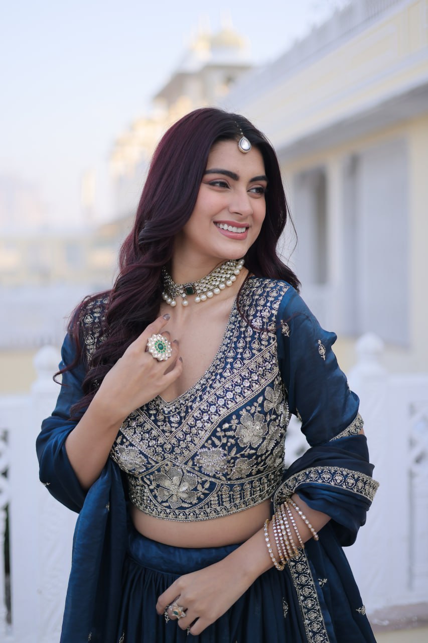 Teal Blue Fendy Silk Lehenga Set ClothsVilla