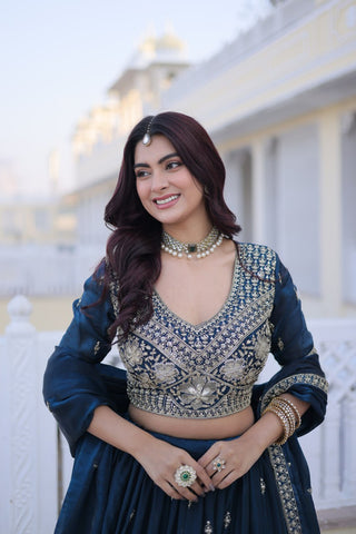 Teal Blue Fendy Silk Lehenga Set ClothsVilla