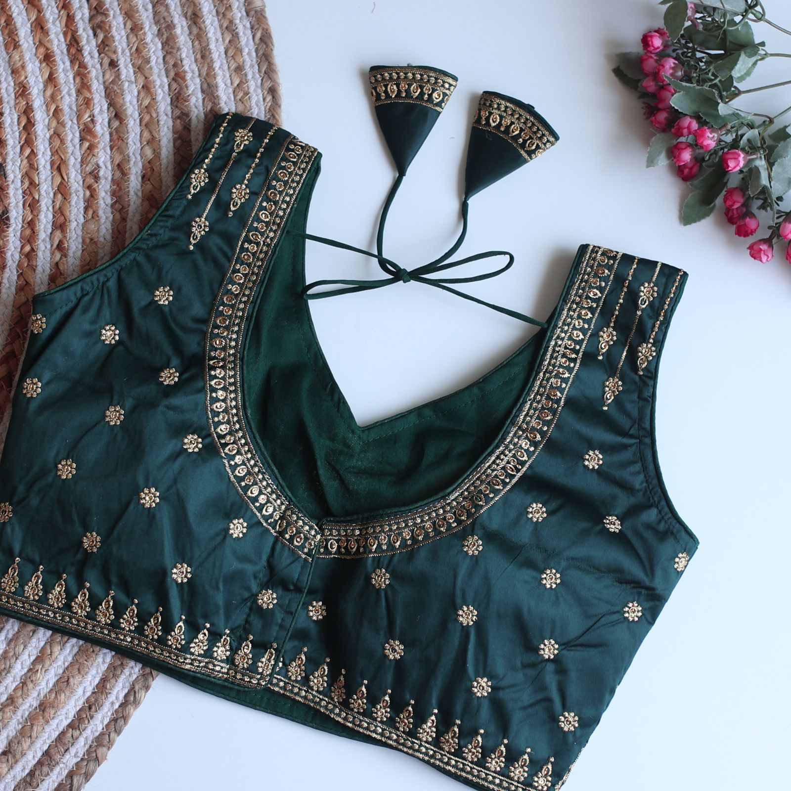 Teal Blue Full Embroidery Monsoon Silk Blouse with Golden Sequin Design Secondary image