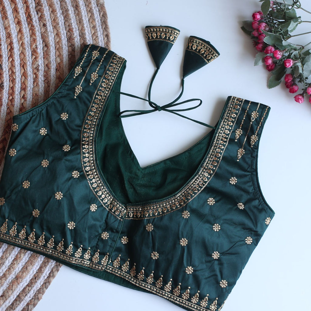 Teal Blue Full Embroidery Monsoon Silk Blouse with Golden Sequin Design ClothsVilla