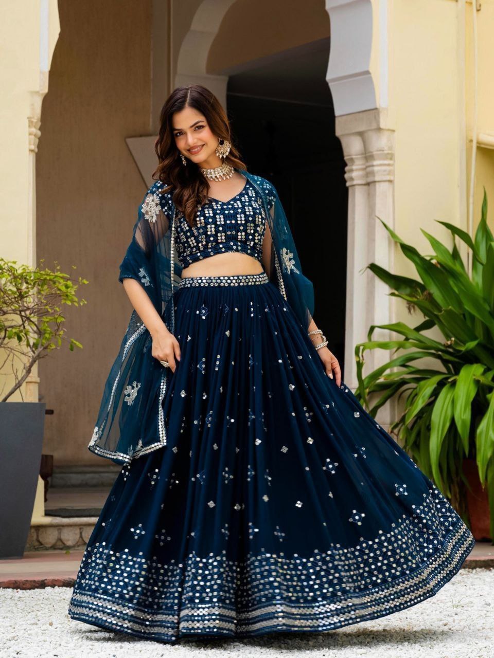 Teal Blue Georgette Embroidered Lehenga Set ClothsVilla