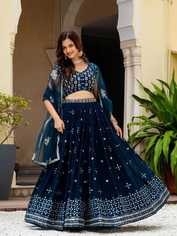 Teal Blue Georgette Embroidered Lehenga Set ClothsVilla