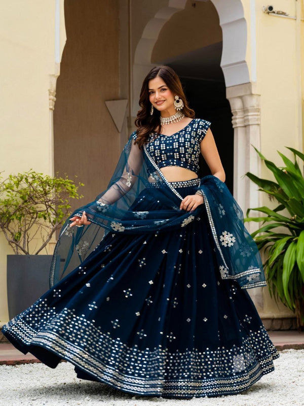Teal Blue Georgette Embroidered Lehenga Set ClothsVilla