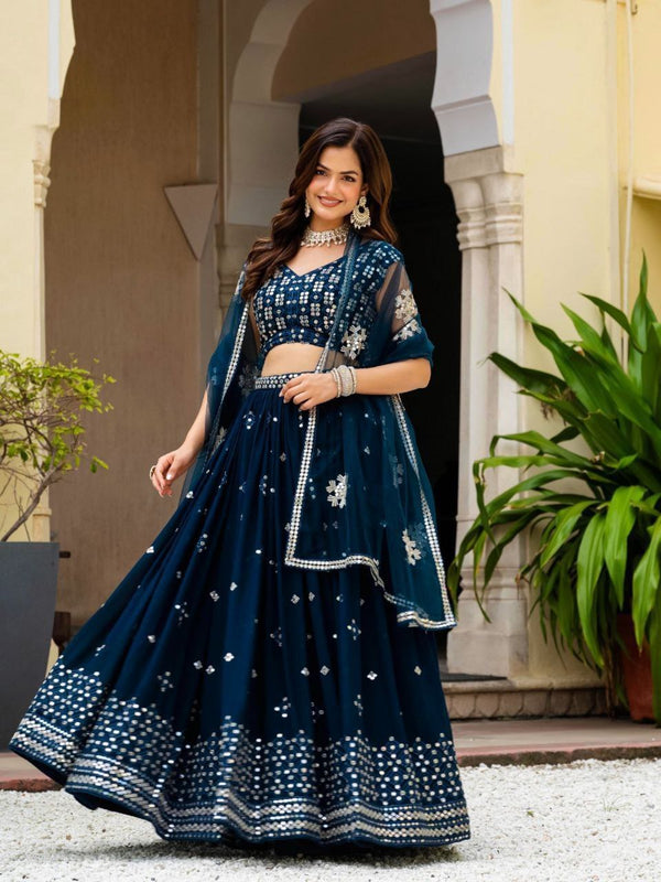 Teal Blue Georgette Embroidered Lehenga Set ClothsVilla