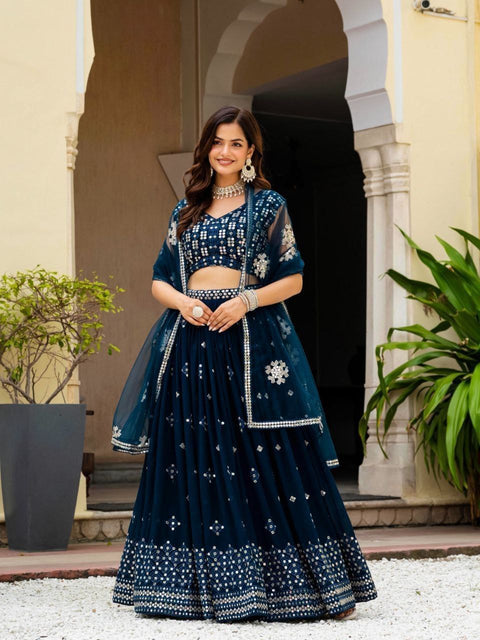 Teal Blue Georgette Embroidered Lehenga Set ClothsVilla Main image