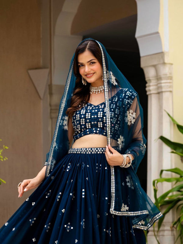 Teal Blue Georgette Embroidered Lehenga Set ClothsVilla