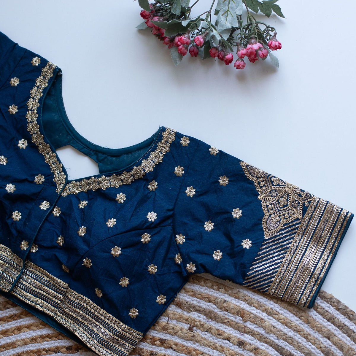 Women's Satin Teal blue Embellished Ready to Wear With Blouse Piece