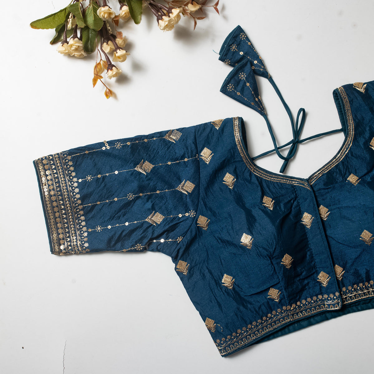 Teal Blue Golden Embroidered Vibrant Silk Blouse with Sequins ClothsVilla Main image