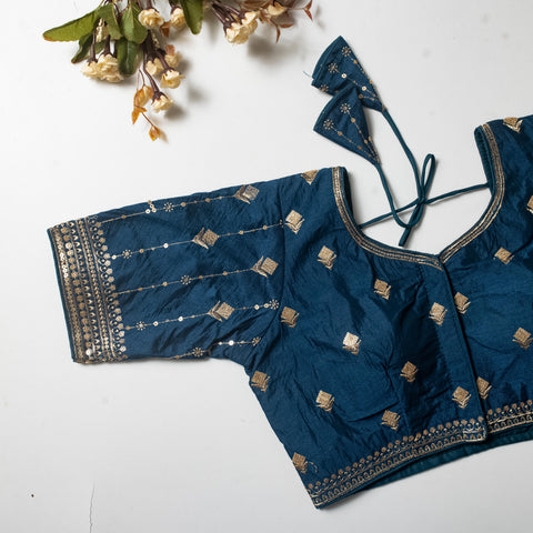 Teal Blue Golden Embroidered Vibrant Silk Blouse with Sequins ClothsVilla Main image