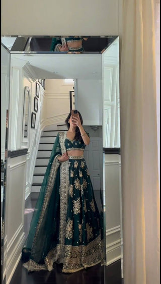 Teal Blue Graceful Japan Satin Semi-Stitched Lehenga Set with Sequence Embroidery & Soft Net Dupatta ClothsVilla