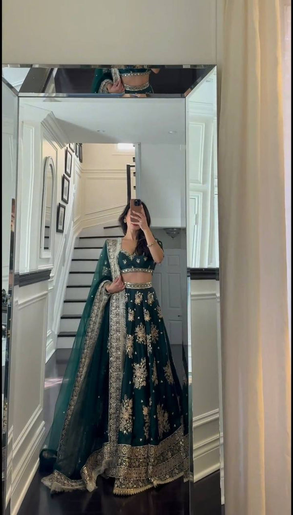 Teal Blue Graceful Japan Satin Semi-Stitched Lehenga Set with Sequence Embroidery & Soft Net Dupatta ClothsVilla
