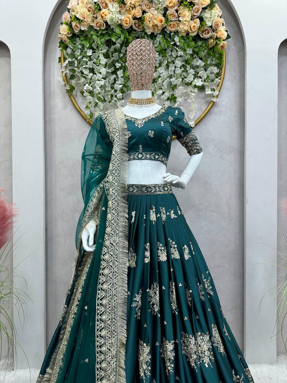 Teal Blue Graceful Japan Satin Semi-Stitched Lehenga Set with Sequence Embroidery & Soft Net Dupatta ClothsVilla