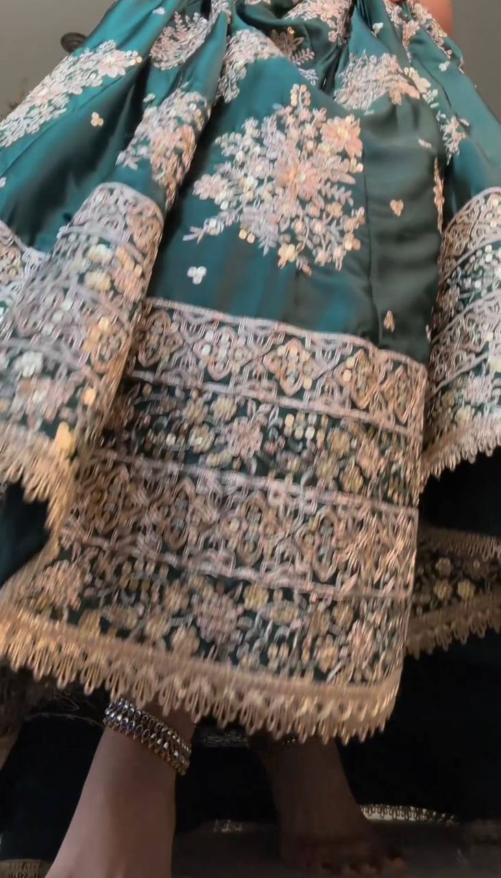 Teal Blue Graceful Japan Satin Semi-Stitched Lehenga Set with Sequence Embroidery & Soft Net Dupatta ClothsVilla