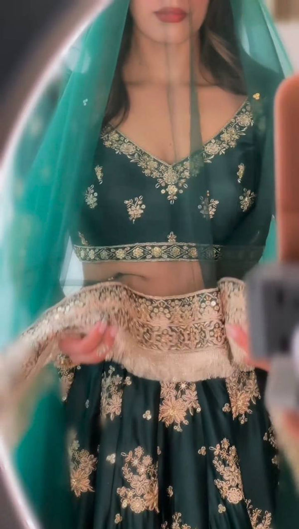 Teal Blue Graceful Japan Satin Semi-Stitched Lehenga Set with Sequence Embroidery & Soft Net Dupatta ClothsVilla