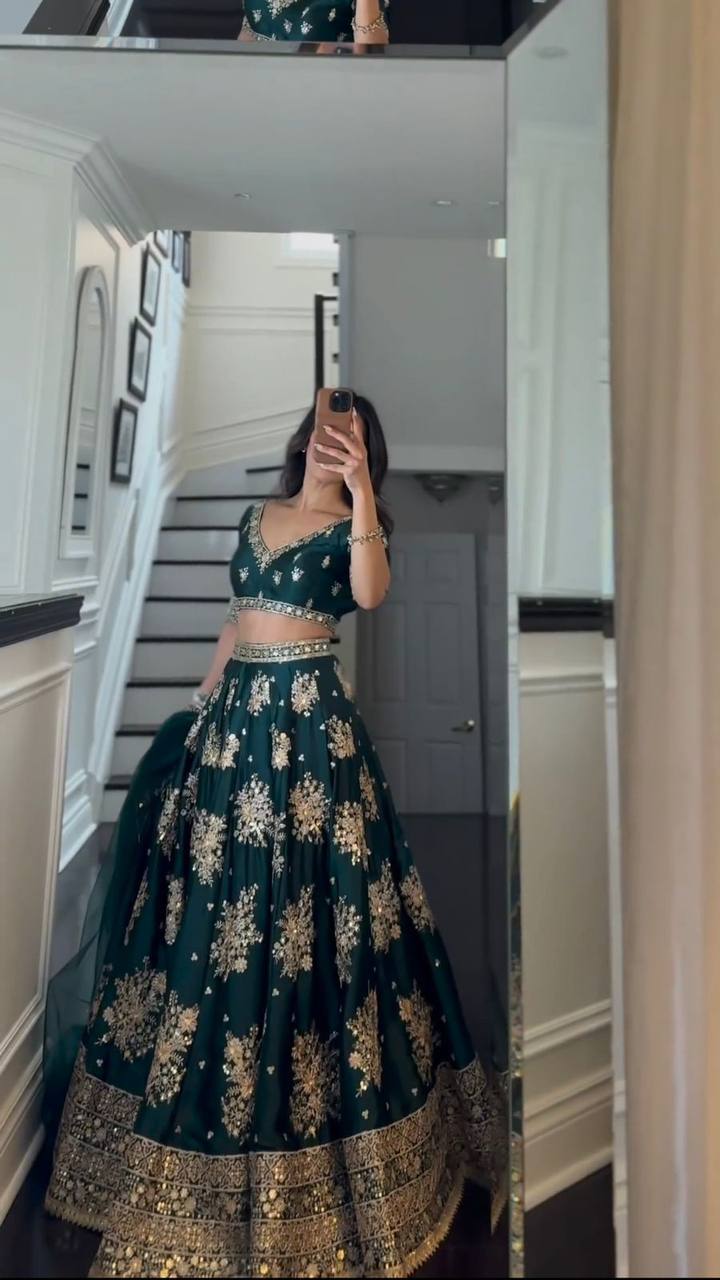 Teal Blue Graceful Japan Satin Semi-Stitched Lehenga Set with Sequence Embroidery & Soft Net Dupatta ClothsVilla