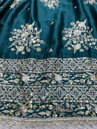 Teal Blue Graceful Japan Satin Semi-Stitched Lehenga Set with Sequence Embroidery & Soft Net Dupatta ClothsVilla