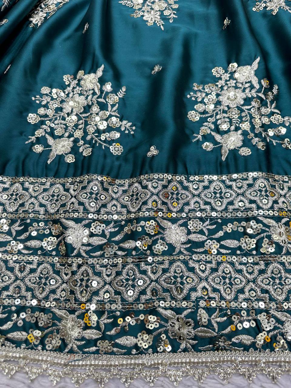 Teal Blue Graceful Japan Satin Semi-Stitched Lehenga Set with Sequence Embroidery & Soft Net Dupatta ClothsVilla