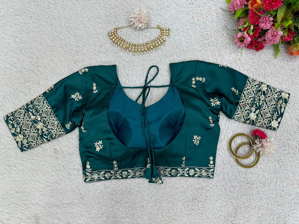 Teal Blue Graceful Japan Satin Semi-Stitched Lehenga Set with Sequence Embroidery & Soft Net Dupatta ClothsVilla