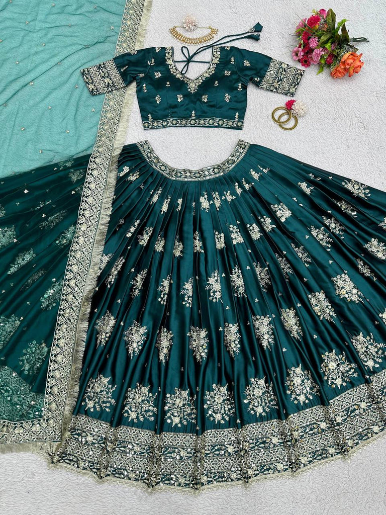 Teal Blue Graceful Japan Satin Semi-Stitched Lehenga Set with Sequence Embroidery & Soft Net Dupatta ClothsVilla